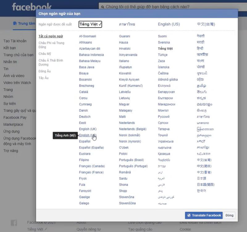 Mở khóa Facebook bắt xác minh danh tính: Thay đổi ngôn ngữ
